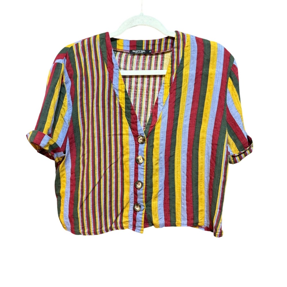 Nasty Gal Collection Striped Cropped Button Down Blouse V-Neck Short Sleeve S